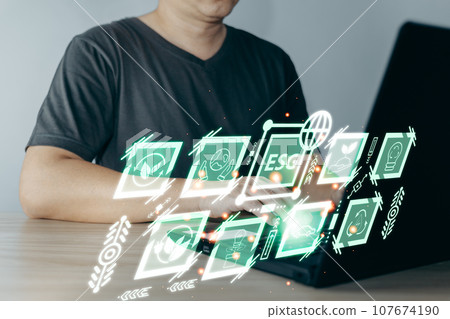 person use software to save energy,and reduce global warming,climate change,ecology friendly investment,ESG environment social governance,Green Business Innovation and Sustainable Development concept. person use software to save energy,and reduce global warming,climate change,ecology friendly investment,ESG environment social governance,Green Business Innovation and Sustainable Development concept. 107674190