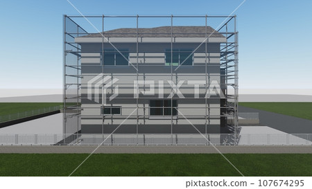 Detached house, exterior wall construction, with scaffolding (sheet gray) Detached house, exterior wall construction, with scaffolding (sheet gray) 107674295