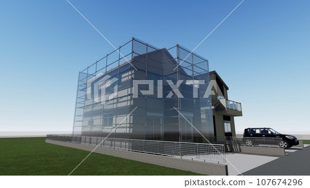 Detached house, exterior wall construction, with scaffolding (sheet gray) Detached house, exterior wall construction, with scaffolding (sheet gray) 107674296