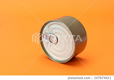 Unopened Tin Can with Blank Edge on Orange Background Unopened Tin Can with Blank Edge on Orange Background 107674821