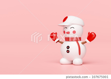 3d snowman with hat, warm mittens, scarf isolated on pink background. merry Christmas and festive New Year, 3d render illustration 3d snowman with hat, warm mittens, scarf isolated on pink background. merry Christmas and festive New Year, 3d render illustration 107675001