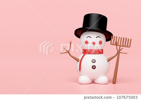 3d snowman with top hat, scarf, broom isolated on pink background. merry Christmas and festive New Year, 3d render illustration 3d snowman with top hat, scarf, broom isolated on pink background. merry Christmas and festive New Year, 3d render illustration 107675003