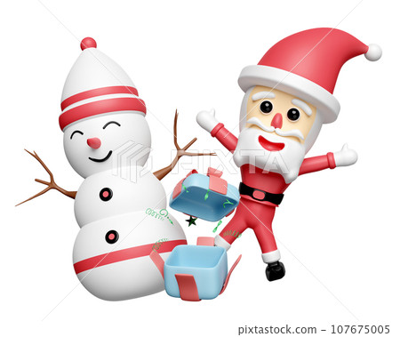Santa Claus and snowman with surprise gift box isolated. merry christmas and happy new year, 3d render illustration Santa Claus and snowman with surprise gift box isolated. merry christmas and happy new year, 3d render illustration 107675005