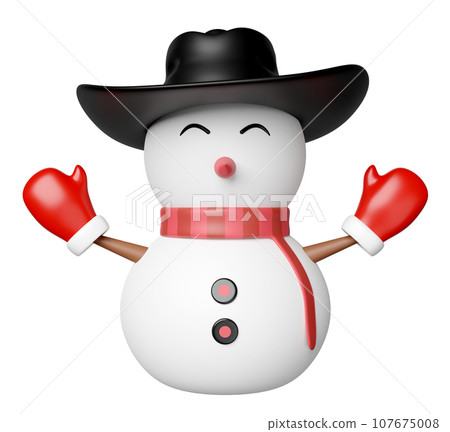 3d snowman with cowboy hat, warm mittens, scarf isolated. merry Christmas and festive New Year, 3d render illustration 3d snowman with cowboy hat, warm mittens, scarf isolated. merry Christmas and festive New Year, 3d render illustration 107675008