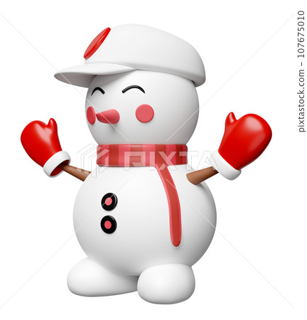 3d snowman with hat, warm mittens, scarf isolated. merry Christmas and festive New Year, 3d render illustration 107675010