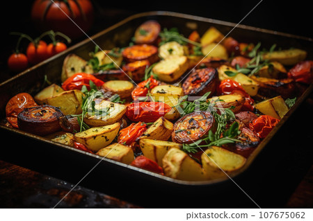 Roasted vegetables on sheet pan oven tray, grilled colorful autumn veggies Roasted vegetables on sheet pan oven tray, grilled colorful autumn veggies 107675062
