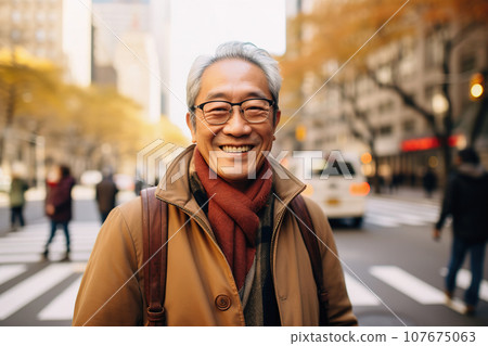 Senior Asian man in winter clothes. Urban lifestyle, street portrait Senior Asian man in winter clothes. Urban lifestyle, street portrait 107675063