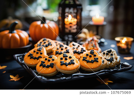 Halloween glazed pumpkin cookies. Festive holiday homemade dessert food Halloween glazed pumpkin cookies. Festive holiday homemade dessert food 107675069