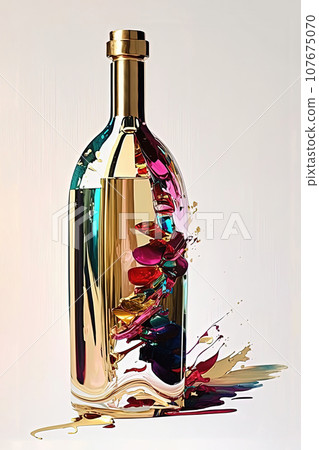 Red wine bottle wall art. Gold and red colors on white painting for interior design 107675070
