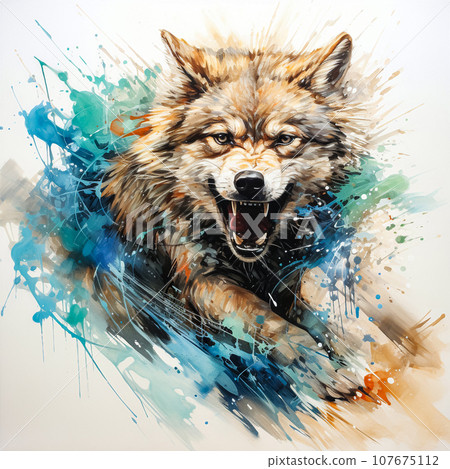 A watercolor wolf portrait exudes aggression with bold paint splashes 107675112