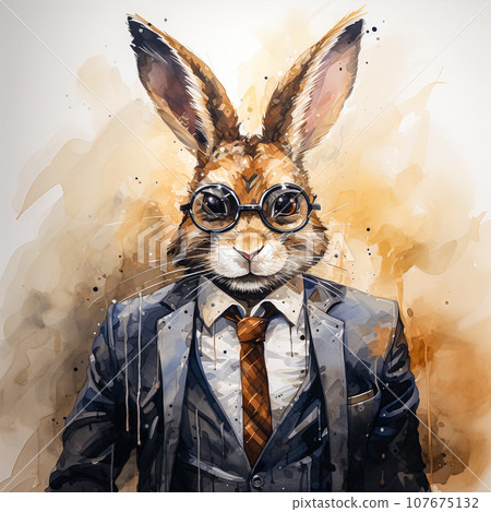 A watercolor masterpiece showcases a rabbit in a tailored suit, radiating charm and elegance 107675132