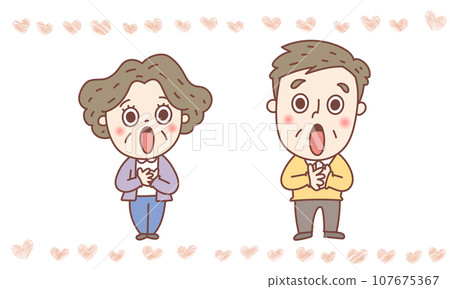 Surprised senior man and woman with their hands on their chests Surprised senior man and woman with their hands on their chests 107675367