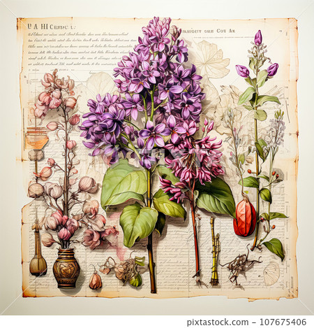 Medical lavender illustration with branches in jars against background 107675406