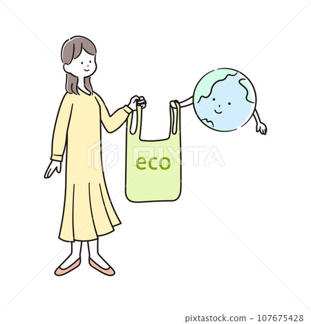 一個帶著生態袋的女人和地球人物的插畫素材 107675428