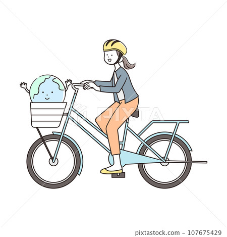 戴頭盔騎自行車的女子與地球插畫素材 戴頭盔騎自行車的女子與地球插畫素材 107675429