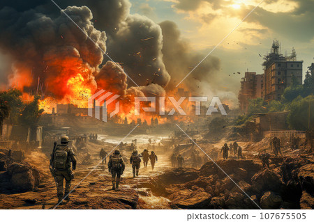 Soldiers at war on the battlefield 107675505