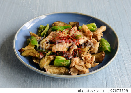 Stir-fried eggplant, green pepper and pork with miso Stir-fried eggplant, green pepper and pork with miso 107675709