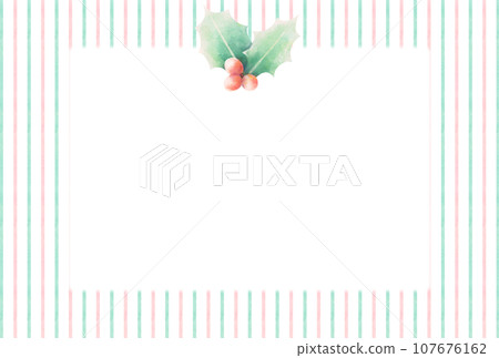 Christmas card illustration with red and green stripes and holly in watercolor style 107676162