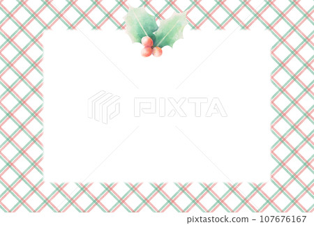 Christmas card illustration with red and green checks and holly in watercolor style 107676167