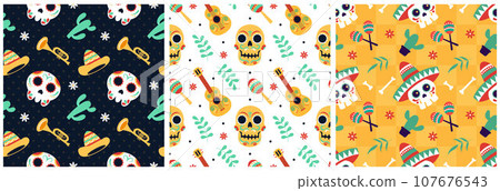 Set of Dia de Muertos Seamless Pattern Illustration with Day of the Dead and Skeleton Element in Mexican Design 107676543