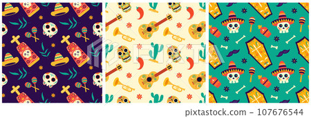 Set of Dia de Muertos Seamless Pattern Illustration with Day of the Dead and Skeleton Element in Mexican Design Set of Dia de Muertos Seamless Pattern Illustration with Day of the Dead and Skeleton Element in Mexican Design 107676544