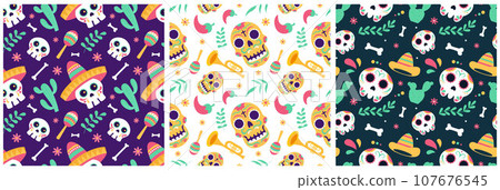 Set of Dia de Muertos Seamless Pattern Illustration with Day of the Dead and Skeleton Element in Mexican Design Set of Dia de Muertos Seamless Pattern Illustration with Day of the Dead and Skeleton Element in Mexican Design 107676545