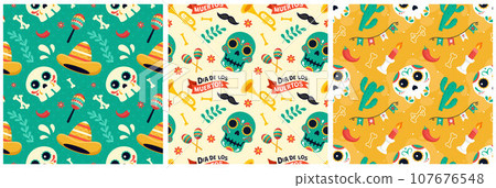 Set of Dia de Muertos Seamless Pattern Illustration with Day of the Dead and Skeleton Element in Mexican Design 107676548