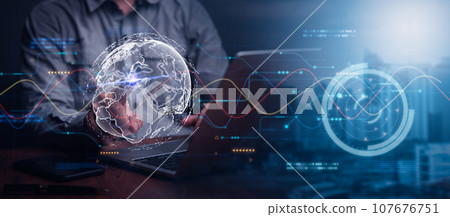 Internet network digital technology, big data, internet network connection, IoT, software development, modern tech concept. Man using laptop cloud computing on blue city background. 107676751