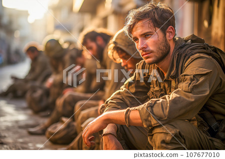 A soldier grieving on the battlefield A soldier grieving on the battlefield 107677010