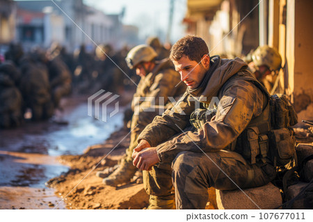 A soldier grieving on the battlefield A soldier grieving on the battlefield 107677011