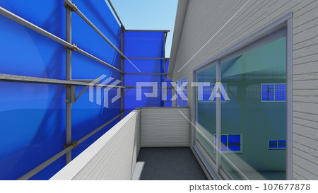 Detached house, exterior wall construction, with scaffolding (sheet blue) 107677878