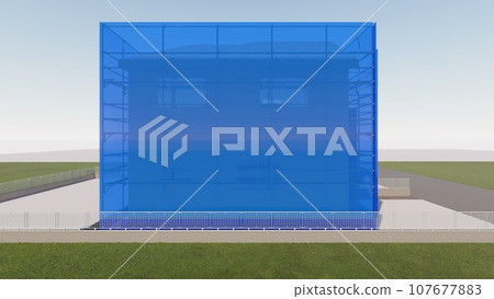 Detached house, exterior wall construction, with scaffolding (sheet blue) Detached house, exterior wall construction, with scaffolding (sheet blue) 107677883