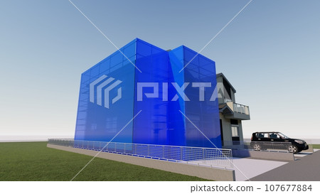 Detached house, exterior wall construction, with scaffolding (sheet blue) Detached house, exterior wall construction, with scaffolding (sheet blue) 107677884