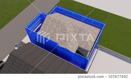 Detached house, exterior wall construction, with scaffolding (sheet blue) Detached house, exterior wall construction, with scaffolding (sheet blue) 107677892