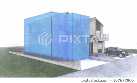 Detached house, exterior wall construction, with scaffolding (sheet blue) 107677900