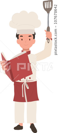 Young Chef Reading Cooking Book. Child Chef Learning to Cook Young Chef Reading Cooking Book. Child Chef Learning to Cook 107678642