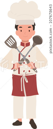 Young Culinary Pro Holding Flipper and Dipper. Confident Kid Chef with Crossed Arms Young Culinary Pro Holding Flipper and Dipper. Confident Kid Chef with Crossed Arms 107678643