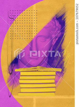 Abstract human antique statue and books. Creative idea symbol, art design or collage. Mental Health, thinking, psychology, education concept 107679052