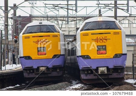 [駕駛等模糊]485系列3000特急白鳥JR在北海道五稜郭站出發 107679488