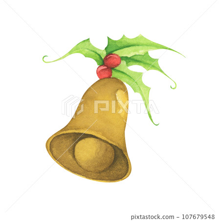 Watercolor painting of Christmas bell. 107679548