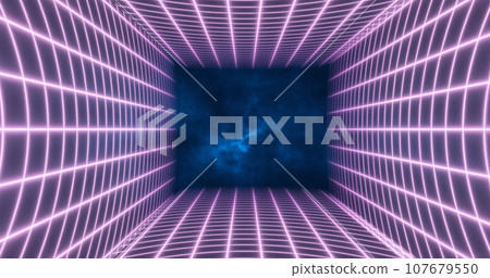 Abstract purple energy grid swirling tunnel of lines in the top and bottom of the screen magical bright glowing futuristic hi-tech background 107679550