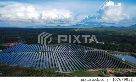 Drone aerial view of Solar panels system power generators from sun. Top view on photovoltaic solar power panels. Alternative Energy Sources. The Concept of Sustainable Resources. 107679938