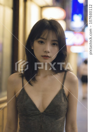 Portrait of a young woman in the downtown area at night (AI generated image) 107680112