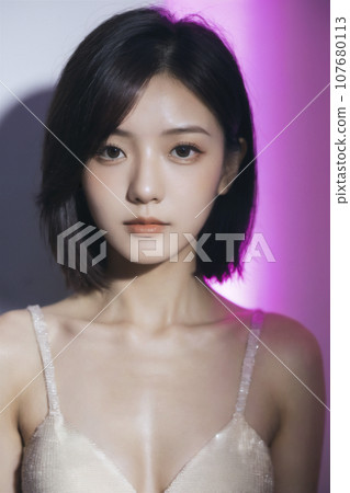 Portrait of a young woman in the downtown area at night (AI generated image) 107680113