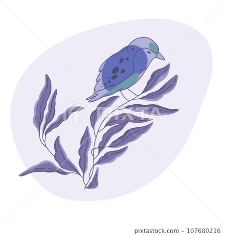 Beautiful vector bird on branch, plants and leaves 107680216