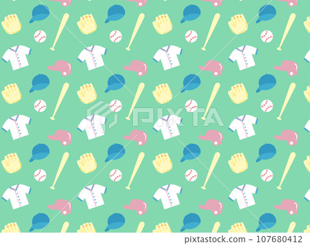 可愛的無縫背景的棒球設備,如球、球棒、制服等。 可愛的無縫背景的棒球設備,如球、球棒、制服等。 107680412