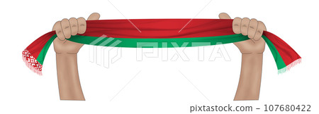 3D Flag on ribbon in hand 107680422