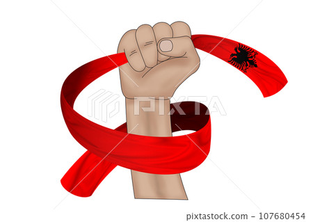 3D Flag on ribbon in hand 3D Flag on ribbon in hand 107680454