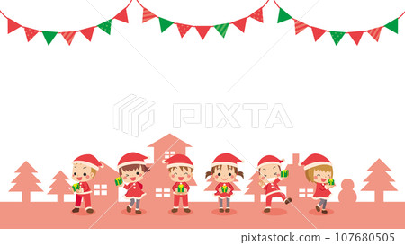 Christmas cityscape and illustration of cute children in Santa costumes copy space frame background Christmas cityscape and illustration of cute children in Santa costumes copy space frame background 107680505