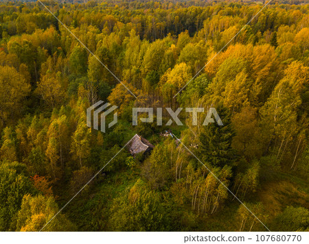 Old ruined house surrounded by autumn forest Old ruined house surrounded by autumn forest 107680770